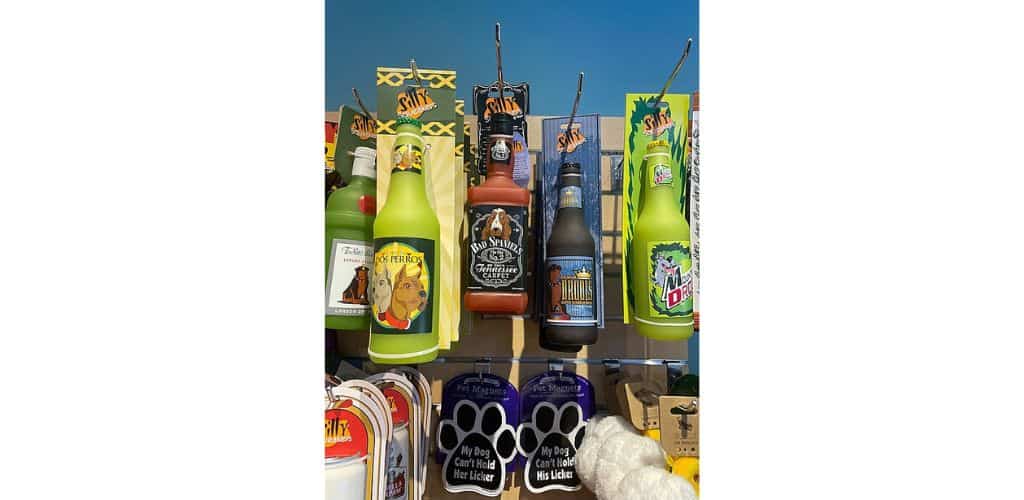 Picture of dog toys that mock alcohol bottles including Bad Spaniels
