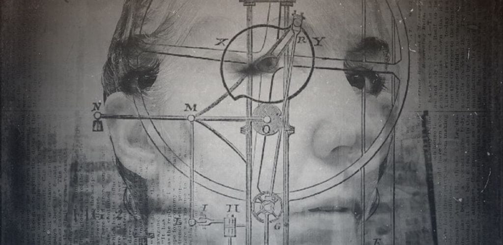 A close-up of a monochrome, distressed image overlaying technical architectural drawings on a human face. The face appears contemplative, gazing to the side, with geometric lines and letters superimposed on the features, creating a fusion of human likeness and schematic design
